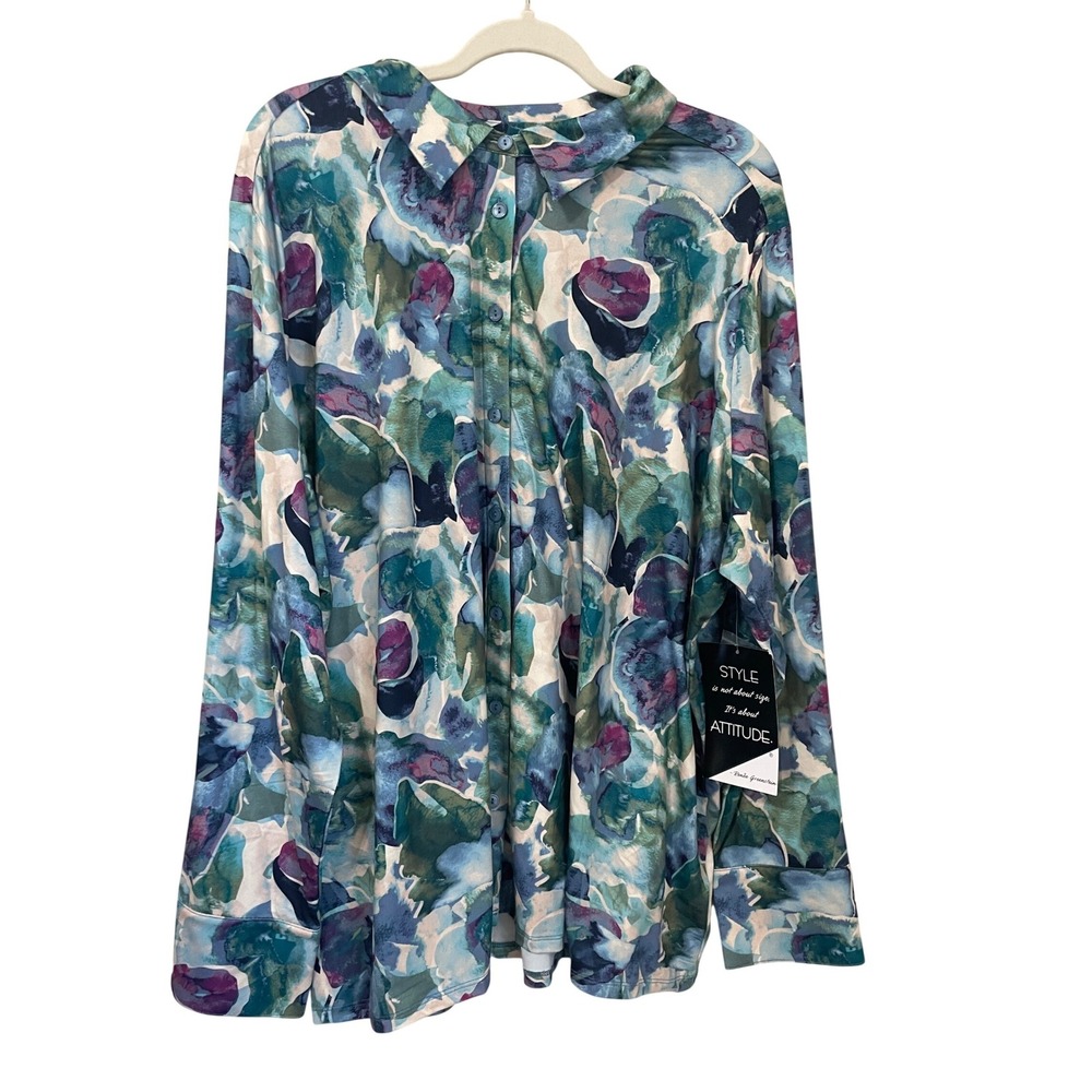 Attitudes by Renee Womens 3X Watercolor Floral Stretch Knit Long Sleeve Blouse